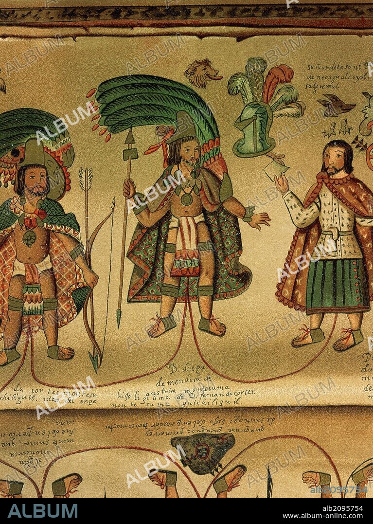 Don Diego de Mendoza Austria Moctezuma, cacique of Tlatelolco. Grandson of Moctezuma II. (16th C).  Genealogy of Diego de Mendoza Austria and Moctezuma. National Archives of Mexico.