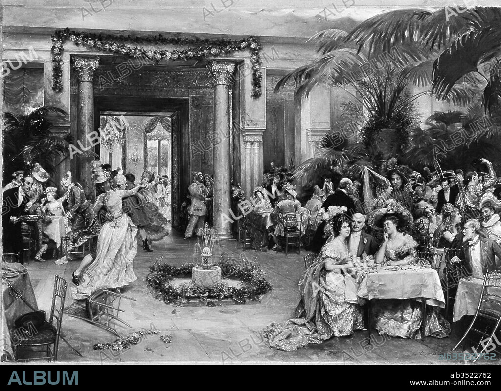 Masquerade Ball at the Ritz Hotel, Paris, 1909, Oil on canvas, 35 x 47 in. (88.9 x 119.4 cm), Paintings, Raimundo de Madrazo y Garreta (Spanish, Rome 1841–1920 Versailles).
