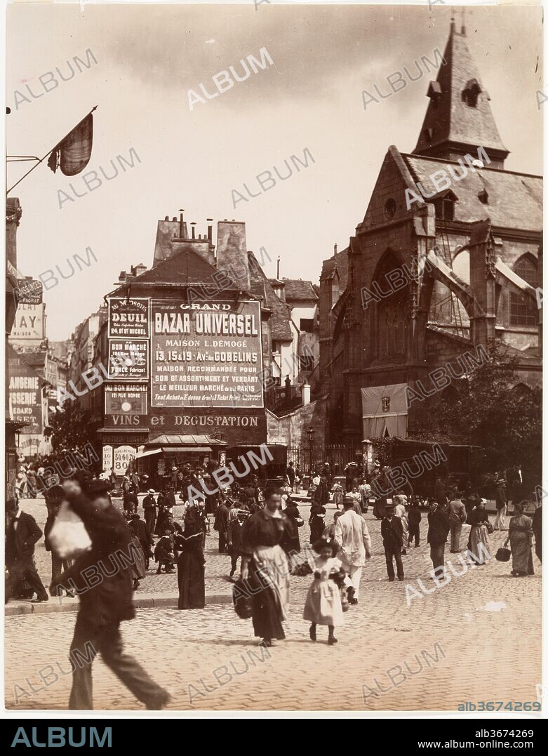 EUGENE ATGET (PHOTOGRAPHE). Small Market in Front of the Church in Place Saint-Médard. Artist: Eugène Atget (French, Libourne 1857-1927 Paris). Dimensions: 22.1 x 16.9 cm (8 11/16 x 6 5/8 in.). Date: 1898.
