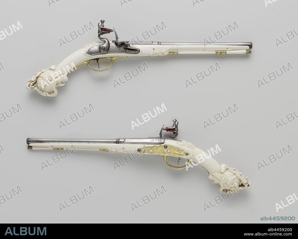Pair of flintlock pistols Pair of flintlock pistols Pair of flintlock pistols Flintlock pistol with ivory fore-end, Part of a couple. The lock plate is engraved with a bird, a leaves and signature. The blued barrel has a double row of recesses with a ring and a drum ring. The ivory flask is cut in one piece and decorated with, among other things, leafy drinks, the large butt knob is cut round like the head of a mustache warrior with a Classic helmet with a helmet forest, a dragon head with leaves on top and on both sides monsters connected by a rope in their beak. Apart from the iron trigger plate, the batter is made of gilt brass and consists of, the screw plate of ajour machined, asymmetrical leaves with two angels engraved on either side of a cartouche with a bust and profile of a man with a mustache, the ivory loading stick has a gold-plated metal cap, Maastricht, Jean Louroux, c. 1665, ivory, brass (alloy), gilding (material), iron (metal), metal, gilding, l 49.95 cm l 30.80 cm d 12.3 mm.