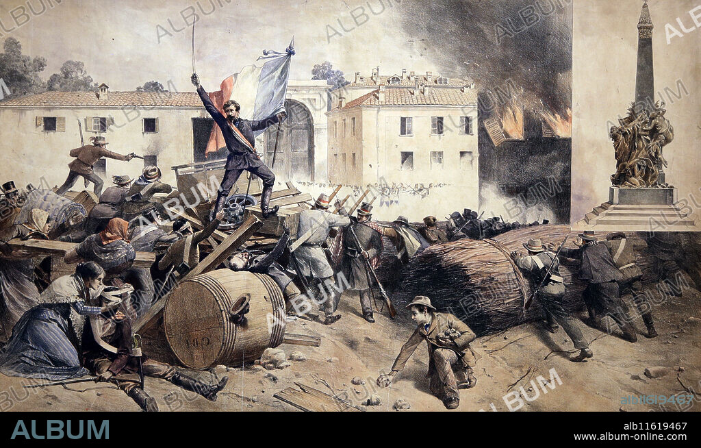 Italy. Revolutions of 1848. Five Days of Milan. Barricade in Porta Tosa (Porta Vittoria). 22 March. Lithography, 19th century.