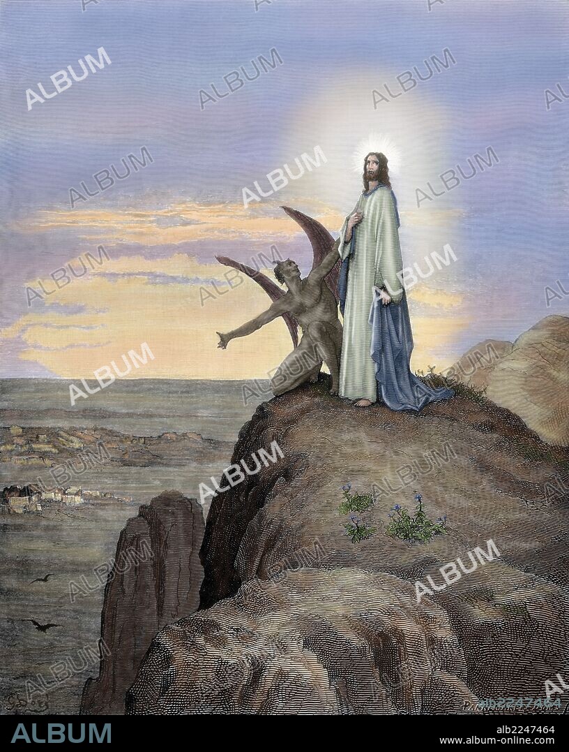 NUEVO TESTAMENTO. JESUS. "JESUS TENTADO POR EL DEMONIO". Evangelio de San Mateo, Capítulo IV. Versículos 3 al 10. Dibujo de Gustavo Doré. Grabado de Pannemaker. Siglo XIX. Coloreado.
