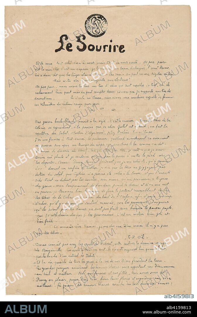 Le sourire: Journal sérieux, Nov. 1899. Paul Gauguin; French, 1848-1903. Date: 1899. Dimensions: 397 × 513 mm (full sheet); 397 × 256 mm (folded sheet); 32 mm (diameter of printed monogram); 24 × 94 mm (title block); 105 × 187 mm (headpiece). Mimeograph in brownish-black ink, with wood-block prints in black ink on cream wove paper. Origin: France.