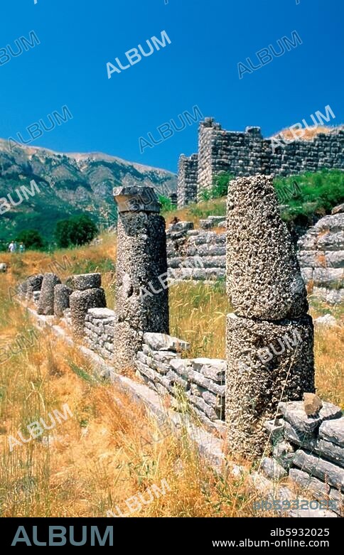 Dodone (Epire, Grèce), temple de l'oracle de Zeus (fondé av. le 8e siècle ; architecture visible du 3e siècle av. J.-C. ; destruction du sanctuaire 381 ap. J.-C.). Vue partielle du sanctuaire avec le bouleutérion (au premier plan) et le mur du théâtre, dans le fond.