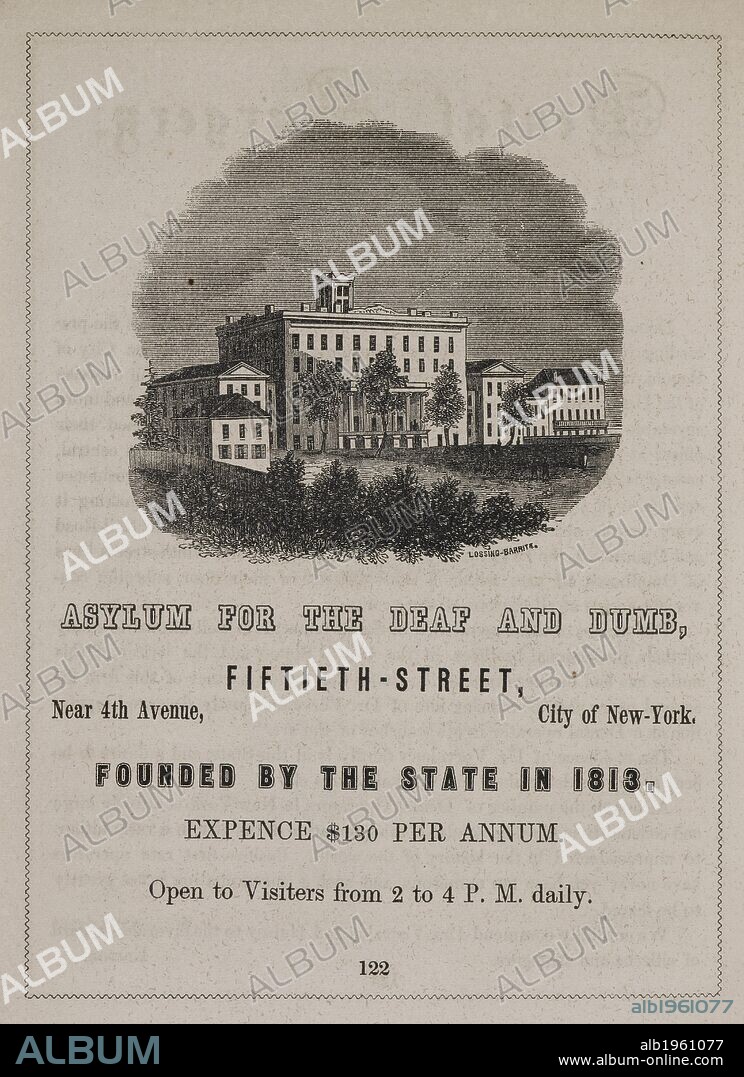 Page illustrating the building, the asylum for the deaf and dumb in New York. Directory for the city. . The Citizen and Strangers pictorial and business Directory for the City of New York and its vicinity. New York, 1853. Source: PP.2528.h 122. Language: English.