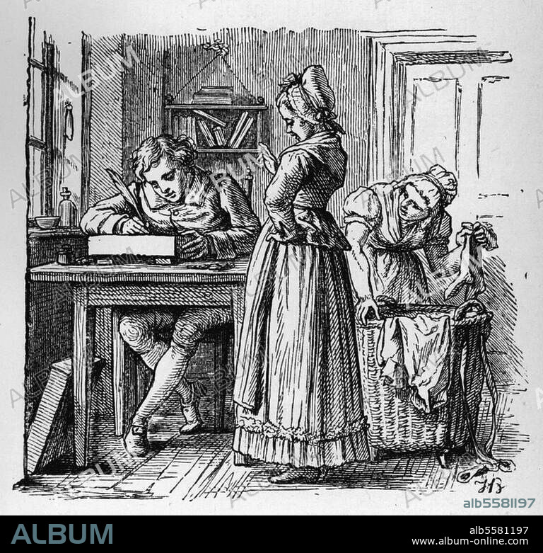 Senefelder, Alois; Erfinder der Lithographie; 1771-1834. Senefelder schreibt den Wäschezettel seiner Mutter auf Stein (Erster Versuch des Steindrucks 1796). Holzstich nach Zeichnung von Hugo Bürkner (1818-1897). Aus: J.Stieler, Lebensbilder deutscher Männer und Frauen, Glogau (C.Flemming) 1884, S. 119. Berlin, Sammlung Archiv für Kunst und Geschichte.