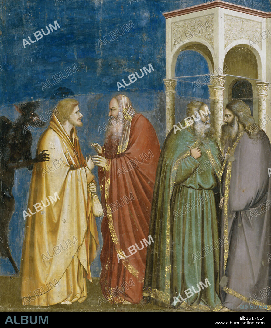 GIOTTO DI BONDONE. Treachery of Judas  c. 1305-13  Giotto (ca.1266-1337 Italian)  Fresco  Capella Scrovegni, Padua, Italy.