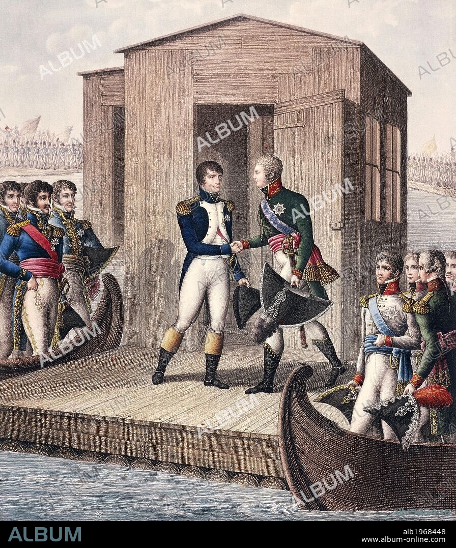 Meeting between Napoleon Bonaparte and Czar Alexander I Romanov at Tilsit, June 25, 1807. Napoleonic Wars, Russia, 19th century.