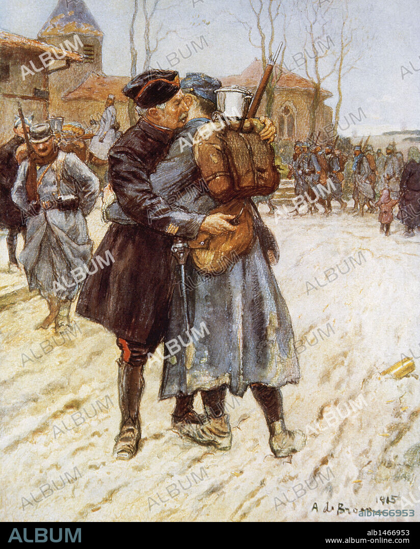 PRIMERA GUERRA MUNDIAL (1914-1918). "EL REENCUENTRO". Dibujo a color de A. de BROCA en "L'Illustration" (1915) .