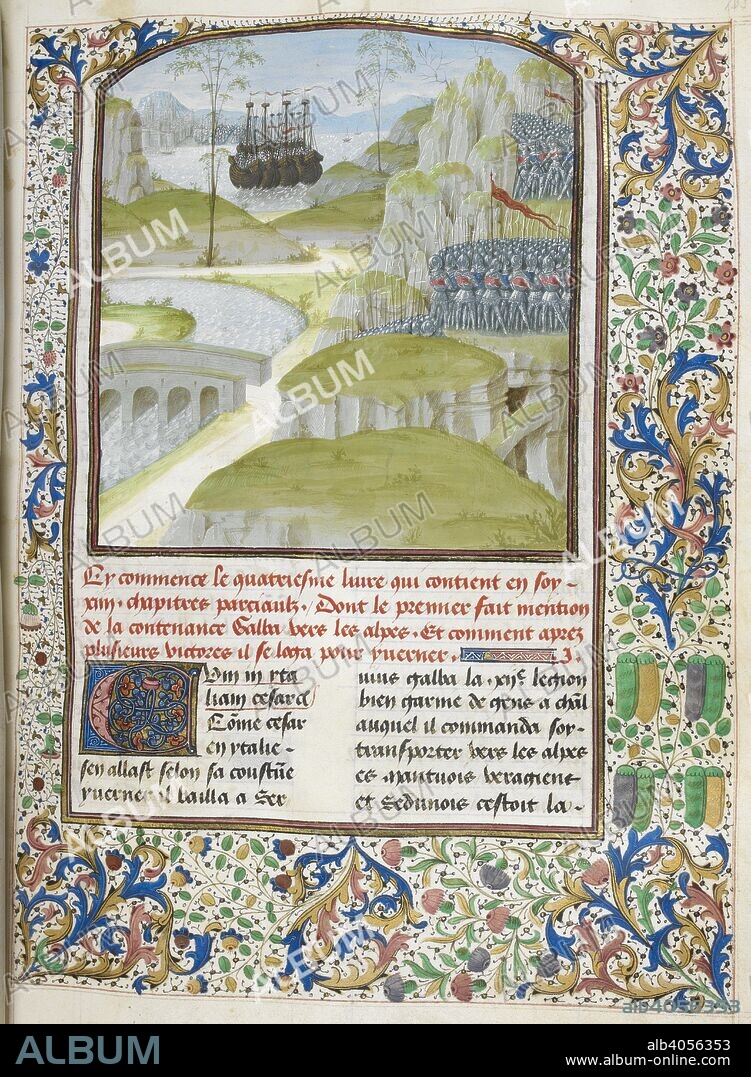 JULIUS CAESAR and JEHAN DU QUESNE. Galba's army crossing Alps (Book 4). Caesar, translated by Jan Du Quesne (or Jean Duchesne), Bellum Gallicum ( Les commentaires de Cesar ). 1473-1476. Source: Royal 16 G. VIII f.133. Language: French.