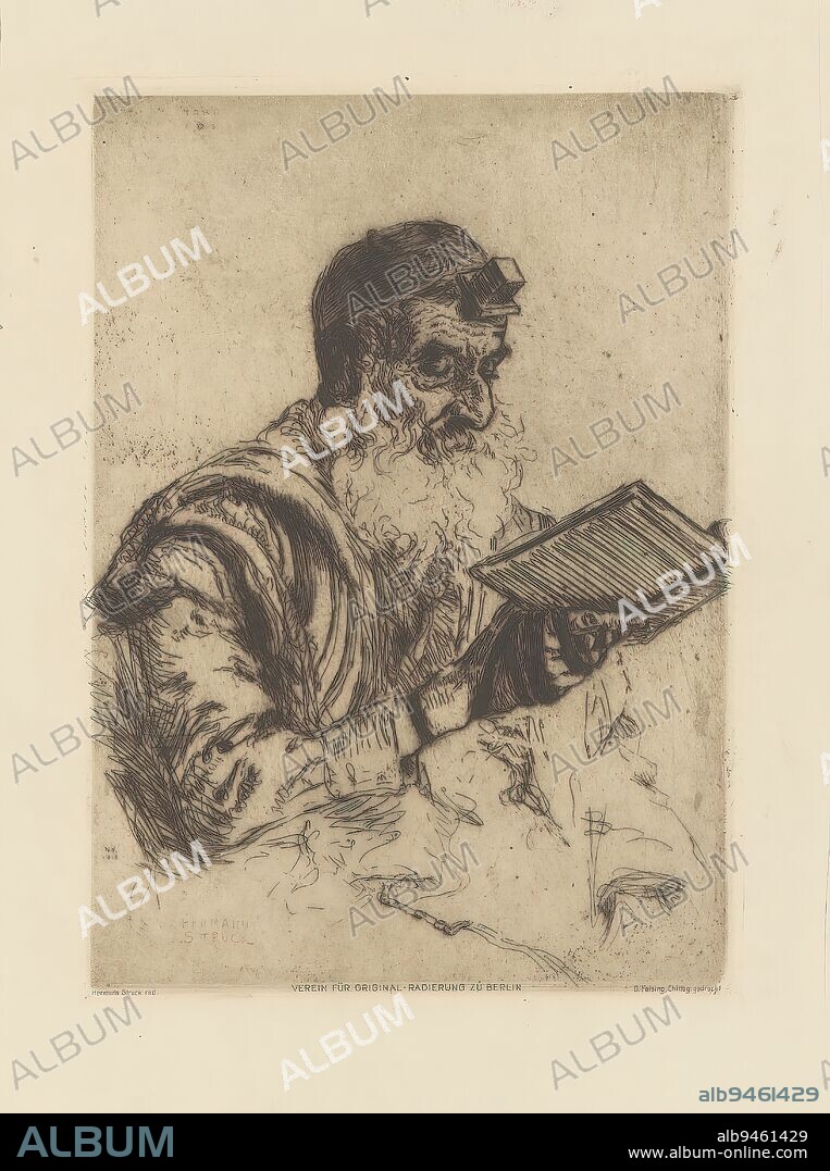 Praying Jewish Man, Portrait of a praying Jewish man holding a prayer book in his right hand. He wears prayer belts, the tefilin, and a prayer garment, the tallit., print maker: Hermann Struck, (signed by artist), printer: Otto Felsing (erven), (mentioned on object), publisher: Verein für Original-Radierung Berlin, (mentioned on object), print maker: New York (city), printer: Berlin, publisher: Berlin, 1913, paper, etching, drypoint, height 203 mm × width 148 mm.