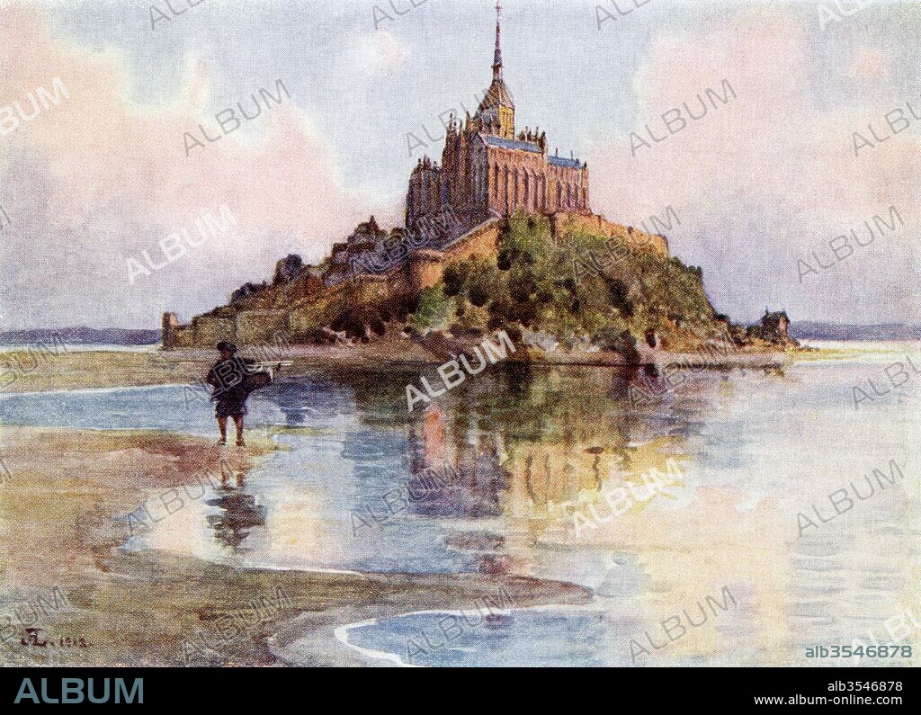 Mont Saint Michel at High Tide, Normandy, France. Colour illustration from the book France by Gordon Home published 1918.