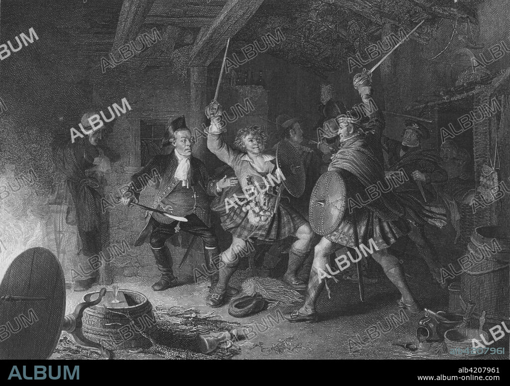 'Scene from Rob Roy', early 19th century. Scene from "Rob Roy" by Sir Walter Scott. [Simpkin & Marshall, London].