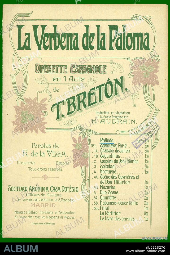 Partitura musical de la opereta española La Verbena de la Paloma, de Tomás Bretón. Año 1903.