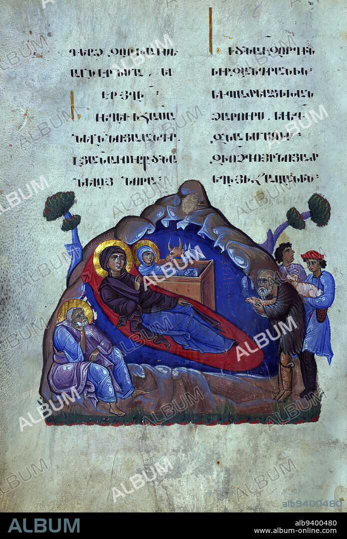 T'oros Roslin Gospels, Nativity, and the Adoration of the shepherds, This manuscript was made in 1262 by Toros Roslin, an extremely prominent illuminator, who extended the range of manuscript illuminations by introducing a whole cycle of images into the gospels rather than, as was traditional, only including the portraits of the evangelists. This particular manuscript was created at the scriptorium of Hromkla, which became the leading artistic center of Armenian Cilicia under the rule of catholicos Constantine I (1221-1267).Toros created this manuscript under commission from the nephew of Constantine, a priest also named Toros. It is one of seven known manuscripts bearing Toros Roslins signature, and it is the most sumptuous of them all, with 15 miniatures and 67 smaller illustrations. The style of the images suggests that Toros had several assistants helping with the illustrations, though the overall quality remains extremely high. The manuscript was long cherished within the Armenian church. Even in the seventeenth century, its illumination served as a model for Armenian scribes, particularly Bargham and his son Mikayel; in the latter manuscript, Mikayel explicitly refers to 'the excellent scribe Toros, surnamed Roslin.'.