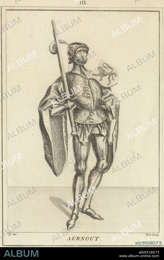 Portrait of Arnulf, Count of Holland, standing to the right in armour and cloak. On his shoulder the coat of arms of Holland and in his hand a sword. Top center: III. Portrait of Arnulf, Count of Holland, print maker: Hendrik Spilman, (mentioned on object), intermediary draughtsman: Tako Hajo Jelgersma, (mentioned on object), after: anonymous, Haarlem, 1745, paper, etching, h 192 mm × w 135 mm.