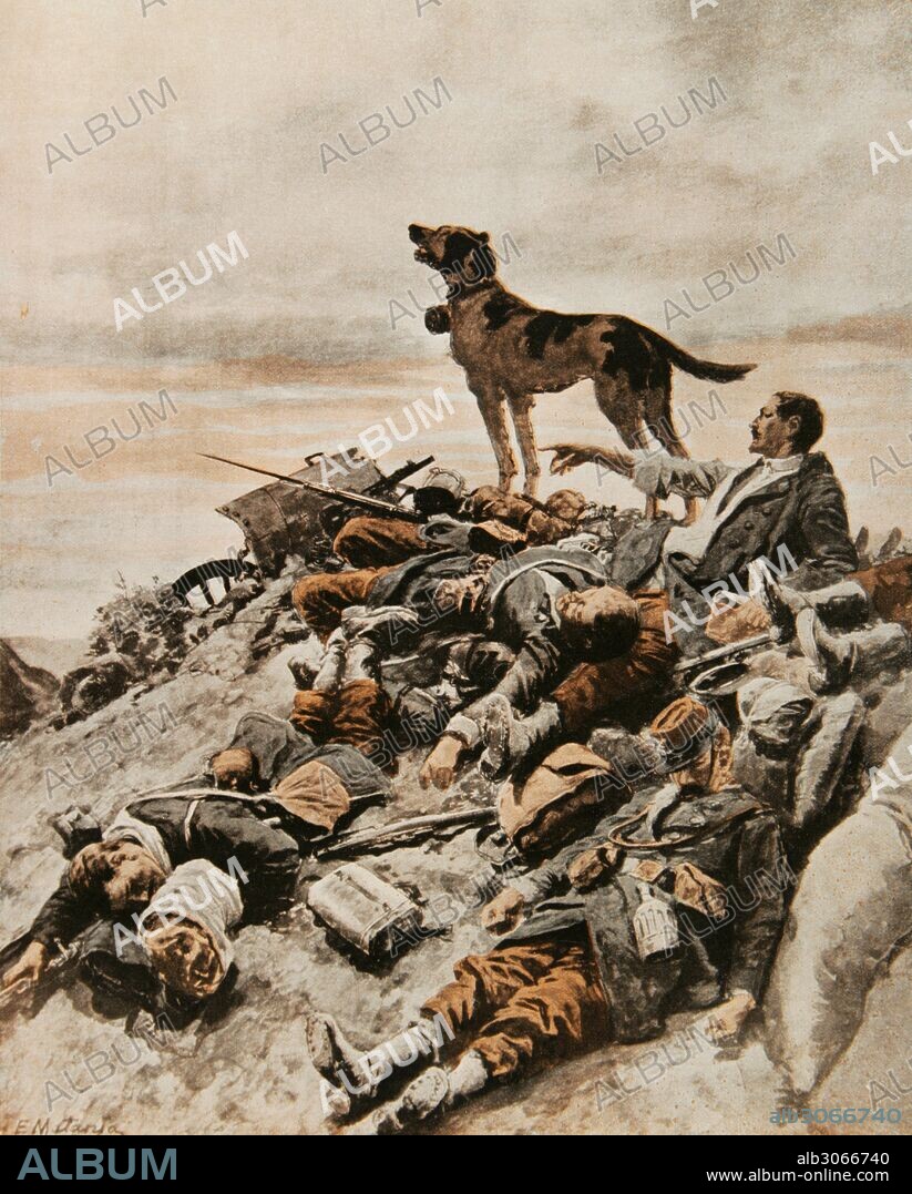 I GUERRA MUNDIAL (1914-1918). Un perro amaestrado indicando a las ambulancias de la Cruz Roja, el sitio donde se encontraba el único superviviente de una compañía de ametralladoras, aniquiladas por los alemanes en la Primera batalla del Marne (milagro de Marne) 5 al 12 de septiembre de 1914". Dibujo por Matania. Grabado de"La Esfera",1916.
