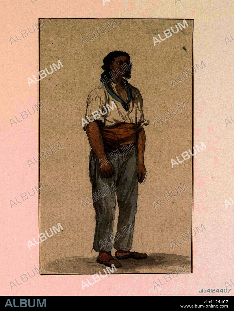 Jongen in herberg op Malta. Garçon d'auberge à Malte (title on object). Voyage en Italie, en Sicile et à Malte - 1778 (series title). Draughtsman: Louis Ducros. Dating: 1778. Measurements: h 206 mm × w 123 mm.