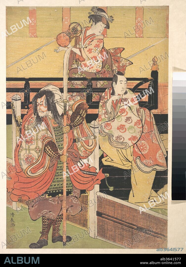On a Balcony a Woman is Seated Playing a Tsuzumi, below a Man in Daimyo Costume is Seated upon a Black Lacquer Box. Artist: Torii Kiyonaga (Japanese, 1752-1815). Culture: Japan. Dimensions: 15 1/8 x 10 1/8 in. (38.4 x 25.7 cm). Date: ca. 1790.