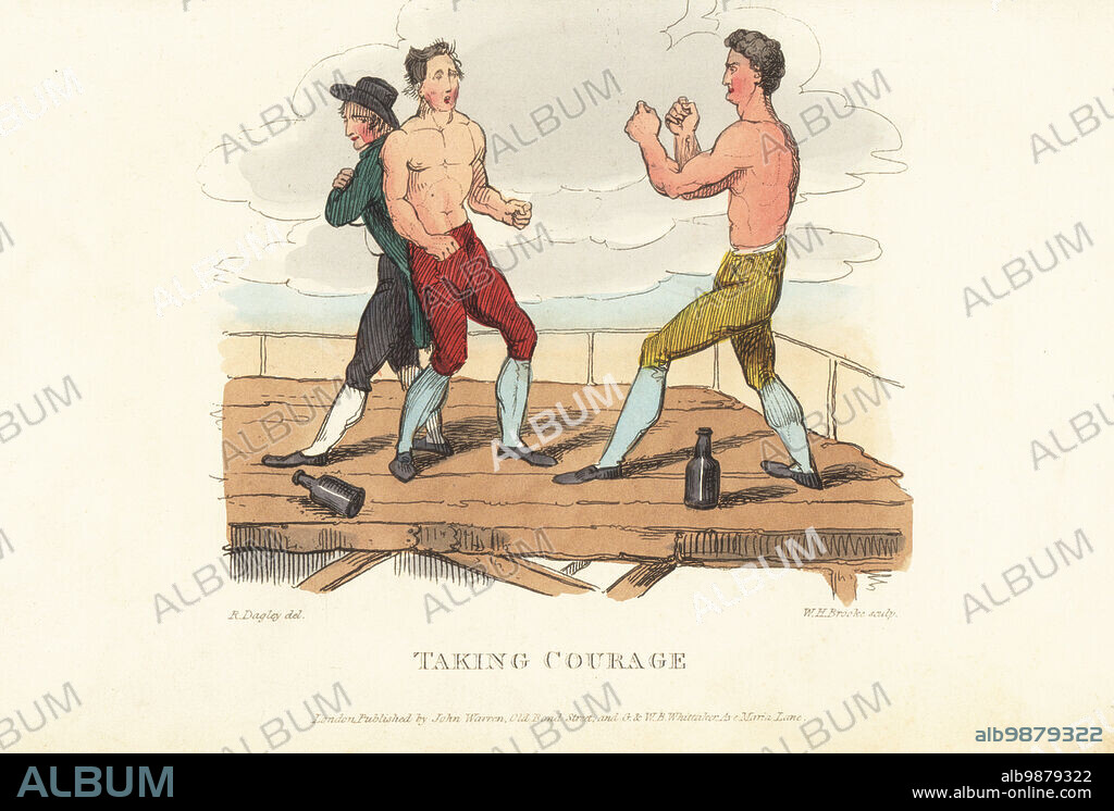 English gentleman in a bare-knuckle boxing match, Regency era. Timid Tom Takeall in the ring supported by boxing coach Moulsey Hurst. Bottles of wine in the ring. Taking Courage. Handcoloured copperplate engraving by William Henry Brooke after a drawing by Richard Dagley from Takings, or the Life of A Collegian, John Warren, London, 1821.
