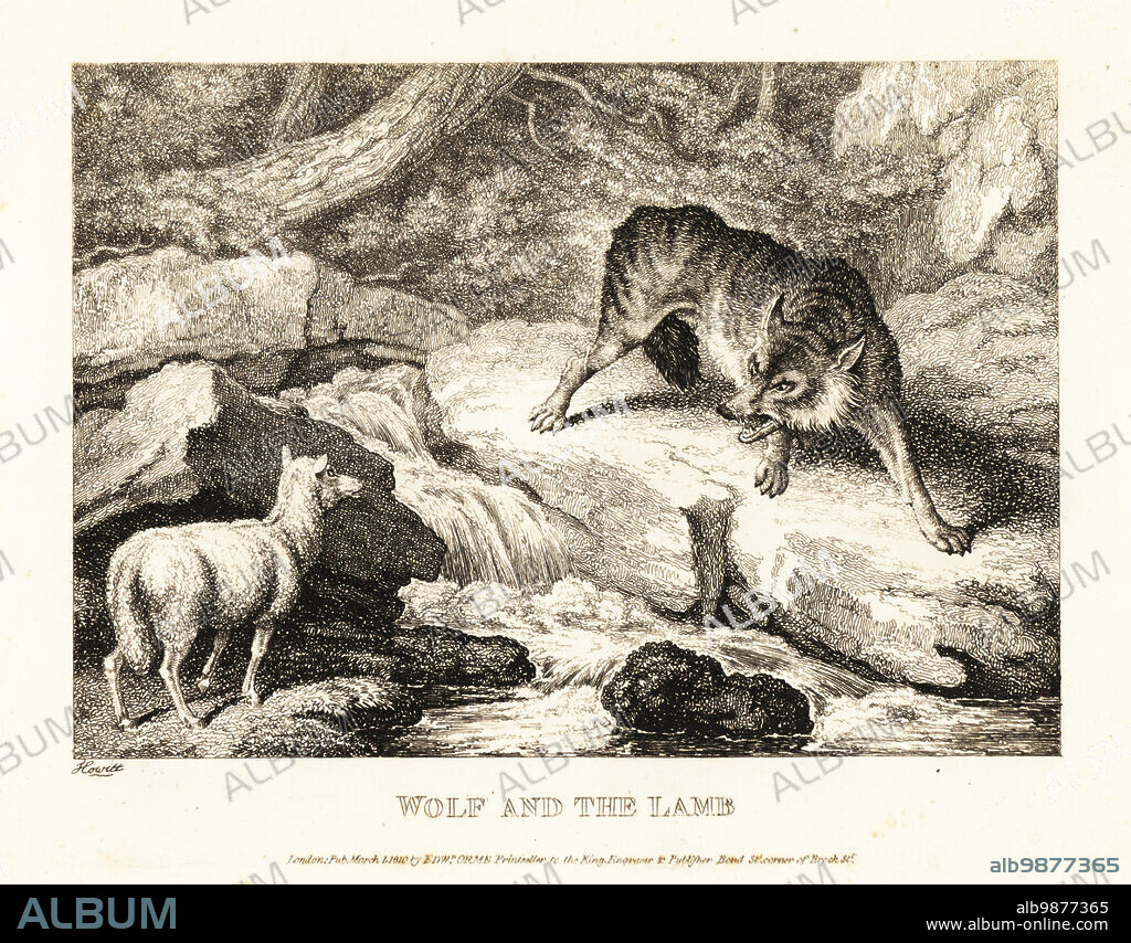 A wolf trying to justify killing a lamb near a river. Wolf and lamb. Illustration of a fable by Greek author Aesop. Copperplate etching drawn and engraved from life by Samuel Howitt from his own A New Work of Animals, Principally Designed from the Fables of Aesop, Gay and Phaedrus, Edward Orme, London, 1811.