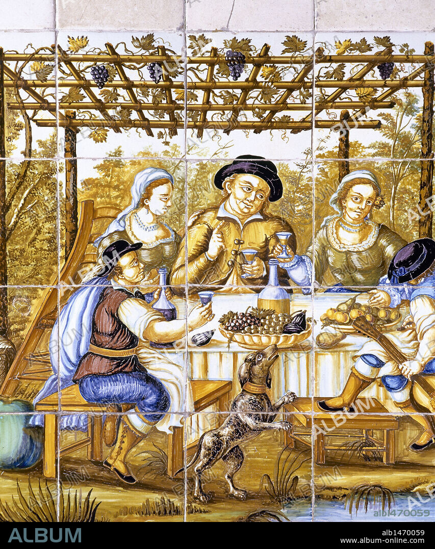 SOCIEDAD SIGLO XVIII. REUNIDOS ALREDEDOR DE LA MESA. (Detalle). Azulejos del siglo XIX. Museo Nacional de Cerámica de Valencia Gonzalez Marti. España.