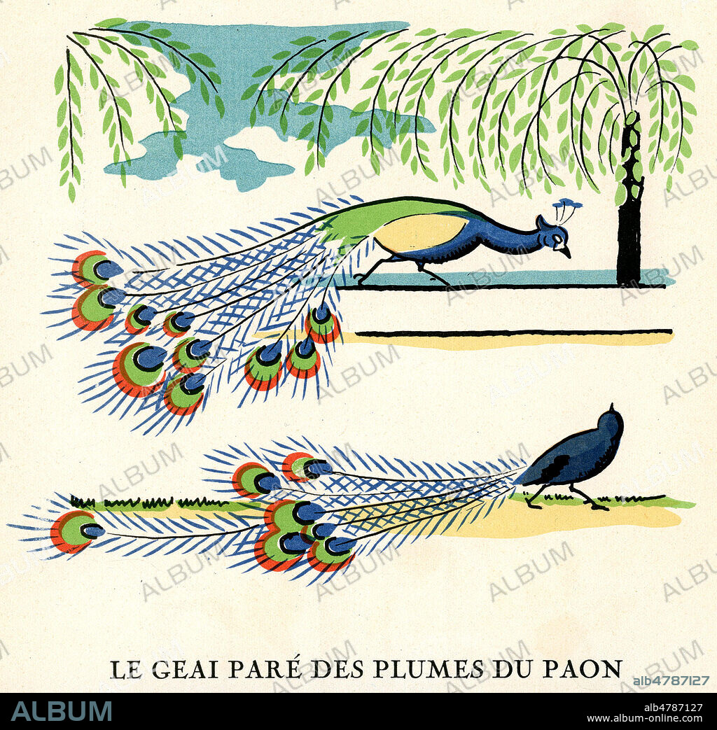 Le geai pare des plumes du paon. Illustration de Andre HELLE (1871-1945) pour Fables de Jean de LA FONTAINE (1621-1695). Credit : Collection IM/Kharbine-Tapabor.