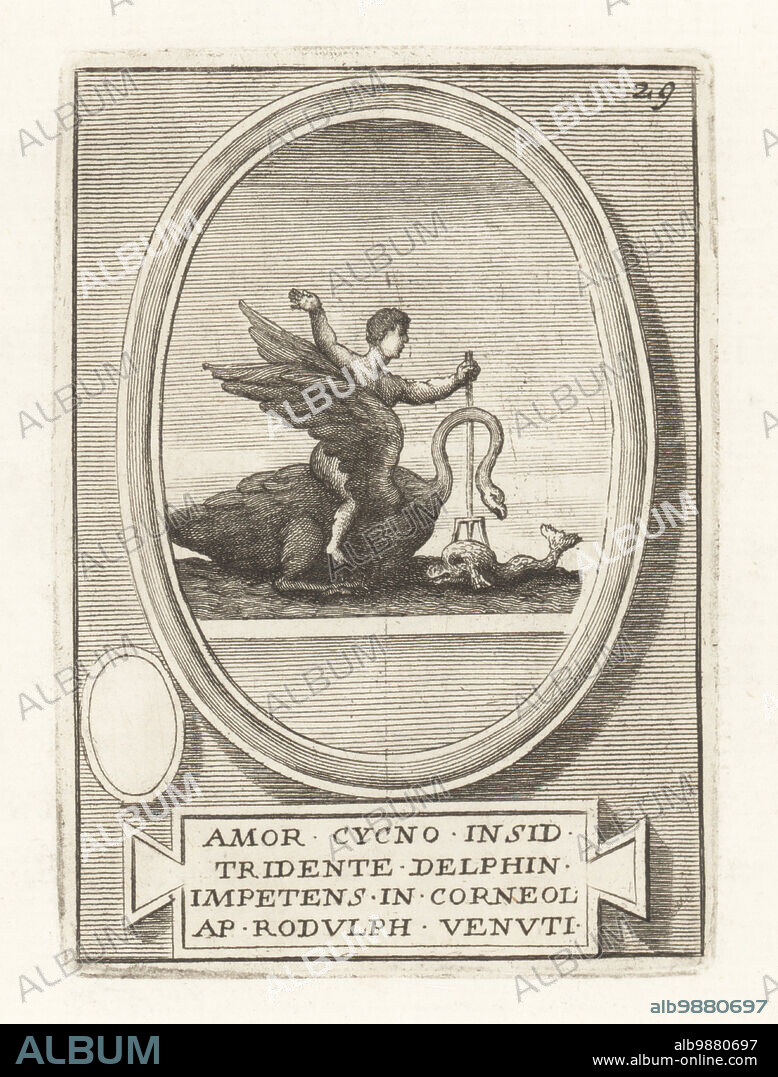 Roman god Amor riding a swan and attacking a dolphin with a trident. From an engraved cornelian gem owned by Ridolfino Venuti. Amor Cycno Insid Tridente Delphin Impetens in Corneol ap Rodulph Venuti. Copperplate engraving from Francesco Valesio, Antonio Gori and Ridolfino Venutis Academia Etrusca, Museum Cortonense in quo Vetera Monumenta, (Etruscan Academy or Museum of Cortona), Faustus Amideus, Rome, 1750.