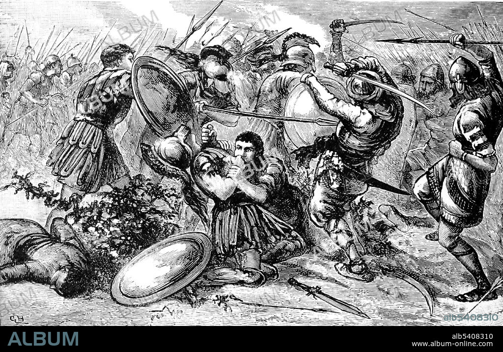 The Battle of Cunaxa was fought in 401 BC between Cyrus the Younger and his elder brother Arsaces, who had inherited the Persian throne as Artaxerxes II in 404 BC. Cyrus gathered an army of Greek mercenaries, consisting of 10,400 hoplites and 2,500 light infantry and peltasts, under the Spartan general Clearchus, and met Artaxerxes at Cunaxa. According to the Greek soldier and writer Xenophon, the Greek heavy troops scattered their opposition twice; only one Greek was even wounded. Only after the battle did they hear that Cyrus himself had been killed, making their victory irrelevant and the expedition a failure. Cyclopedia of Universal History by John Clark Ridpath, 1890 (cropped and cleaned).