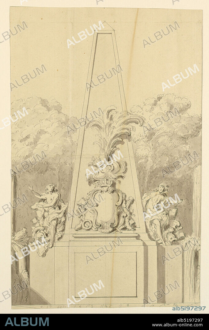 Design for a Monument flanked by Fountains, Pen and ink, brush and watercolor on paper, Allegorical figures with trophies flank an obelisk with relief sculpture of trophies of warfare surrounding a blank escutcheon surmounted by a royal crown. The base of the monument has been left blank for the inscription. Waterfalls at either sides; trees in the background. Framing line at bottom with undecipherable scribllings., France, 1700, drawing, drawing.