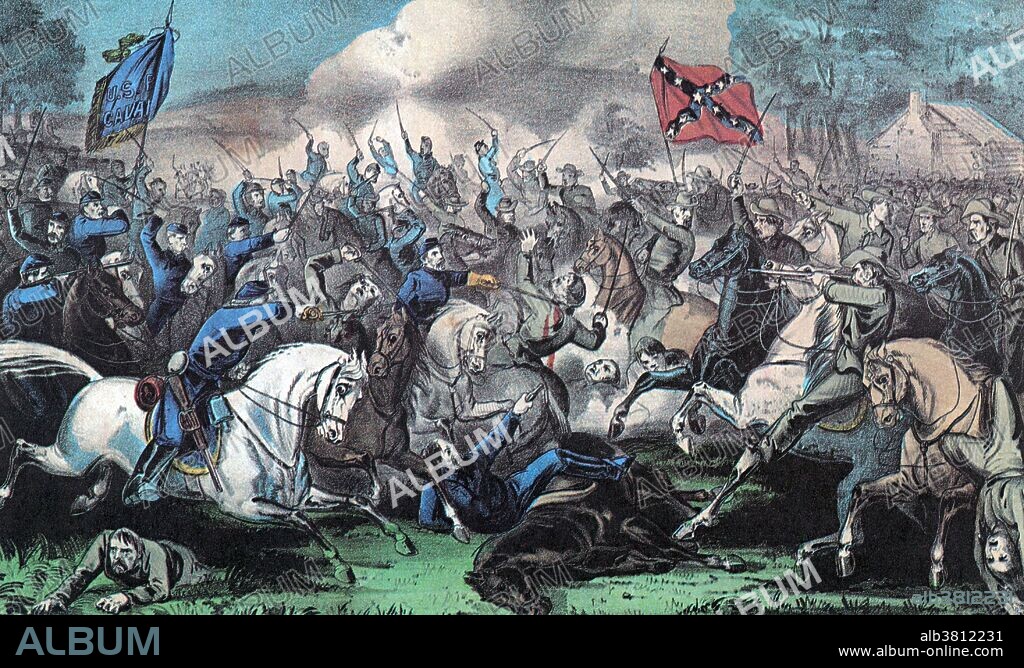 Lithograph entitled and captioned: "The great victory in the Shenandoah Valley, Virginia, September 19th, 1864. The Battle of Opequan Creek was commenced by General Sheridan, attacking the enemy under General Early, at daylight, and lasted until 5 PM when the Rebels were completely routed, and fled from the field; with a loss of five general officers, and over 5000 officers and men killed and wounded, and leaving in the hands of our brave Union boys, 5000 prisoners, five guns, and fifteen battle flags, as trophies of their well earned victory." The Battle of Opequon, more commonly known as the Third Battle of Winchester, was fought in Winchester, Virginia, during the Valley Campaigns of 1864. Because of its size, intensity, serious casualties among the general officers on both sides, and its result, many historians consider this the most important conflict of the Shenandoah Valley.