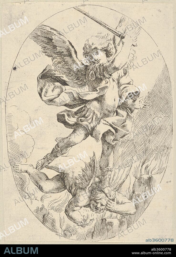 The winged archangel Saint Michael holding a sword and standing on the head of the devil, who descends into hell, an oval composition, after Reni. Artist: After Guido Reni (Italian, Bologna 1575-1642 Bologna); Anonymous, 17th century. Dimensions: Sheet: 8 1/4 × 5 13/16 in. (21 × 14.7 cm). Date: 1600-1640.
After a painting by Reni.  Verso not visible as print is laid to another sheet of paper.