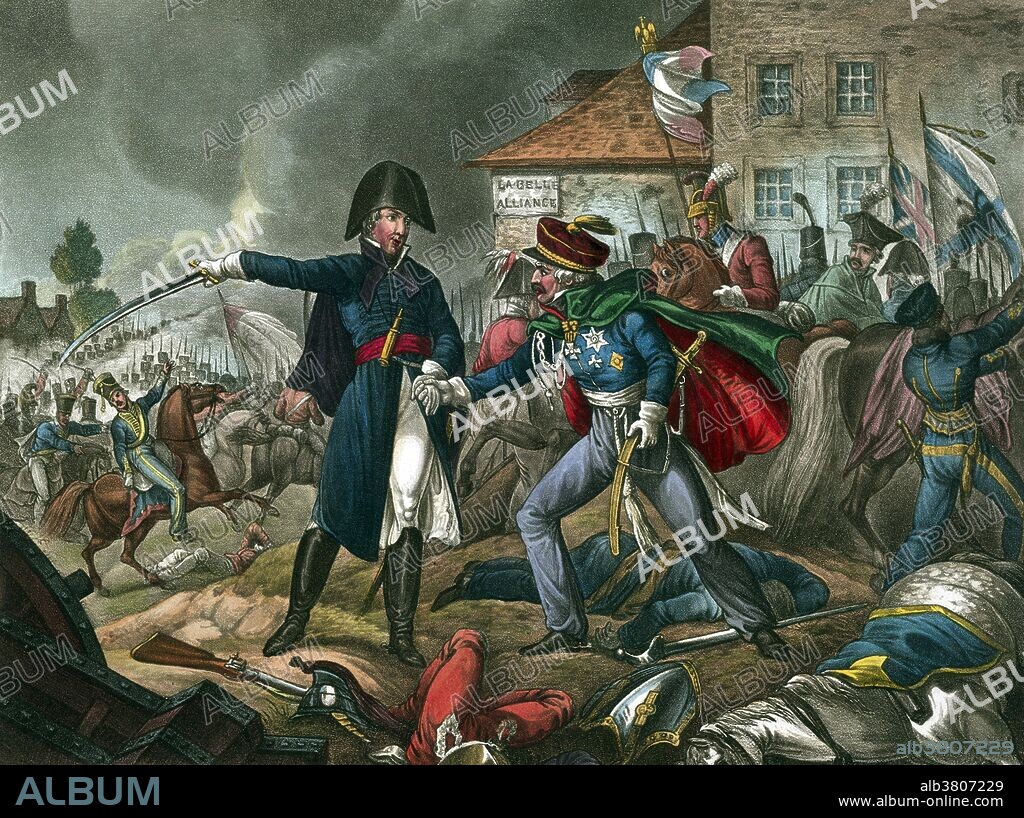 The meeting of Wellington and Blucher, at La Belle Alliance, during the Battle of Waterloo. The defeat of the French forces of Napoleon Bonaparte. The last major battle of the Napoleonic wars. The Battle of Waterloo was fought on June 18, 1815, near Waterloo in present-day Belgium. A French army under the command of Napoleon was defeated by two of the armies of the Seventh Coalition: an Anglo-allied army under the command of the Duke of Wellington, and a Prussian army under the command of Gebhard Leberecht von BlÃ¼cher. Waterloo was the decisive engagement of the Waterloo Campaign and Napoleon's last. Waterloo cost Wellington around 15,000 dead or wounded and BlÃ¼cher some 7,000. Napoleon's losses were 24,000 to 26,000 killed or wounded and included 6,000 to 7,000 captured with an additional 15,000 deserting subsequent to the battle and over the following days. The defeat at Waterloo ended Napoleon's rule as Emperor of the French, and marked the end of his Hundred Days return from exile. He abdicated 4 days later, and on July 7 coalition forces entered Paris. Illustrated by William Heath and J C Stadler, 1819.