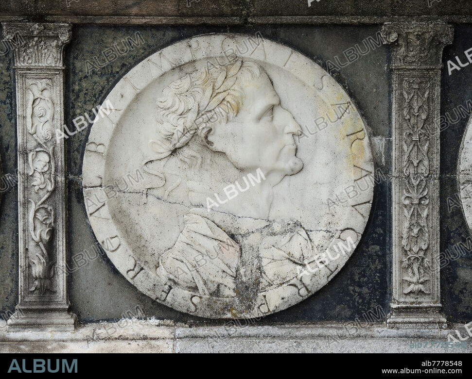Servius Sulpicius GALBA Caesar Augustus (24 December 3 BC - 15 January 69) Roman emperor, successor of Nero, the first in the so-called "year of the four emperors"; having lost the favor of the people and the army, he was killed after only seven months of government in the conspiracy of his successor Otho. "Ser. Galba Imp. Caesar Aug. Tr. P.", bas-relief decoration from the band depicting famous people of antiquity and mythological themes, inspired by the medals of the Roman era, carved on the base of the facade of the Certosa basilica of Pavia, a typical example of Lombard Renaissance architecture of the fifteenth century.