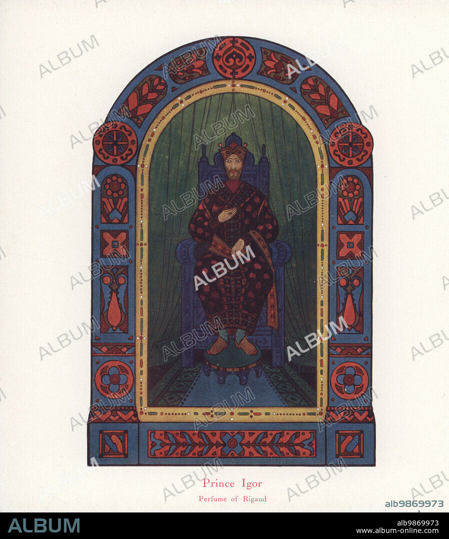 Promotional art for Prince Igor, a Perfume of Rigaud. A bejeweled Russian prince sits on a throne within an arched border. Colour-printed illustration by Armand Vallee from Andre de Fouquieres The Perfumes of Rigaud, Letters of a Parisian and and American Girl, L'art des parfums, Lettres d'un Parisien et d'une Américaine, Maison Rigaud, Parfumeur, Paris, 1915.
