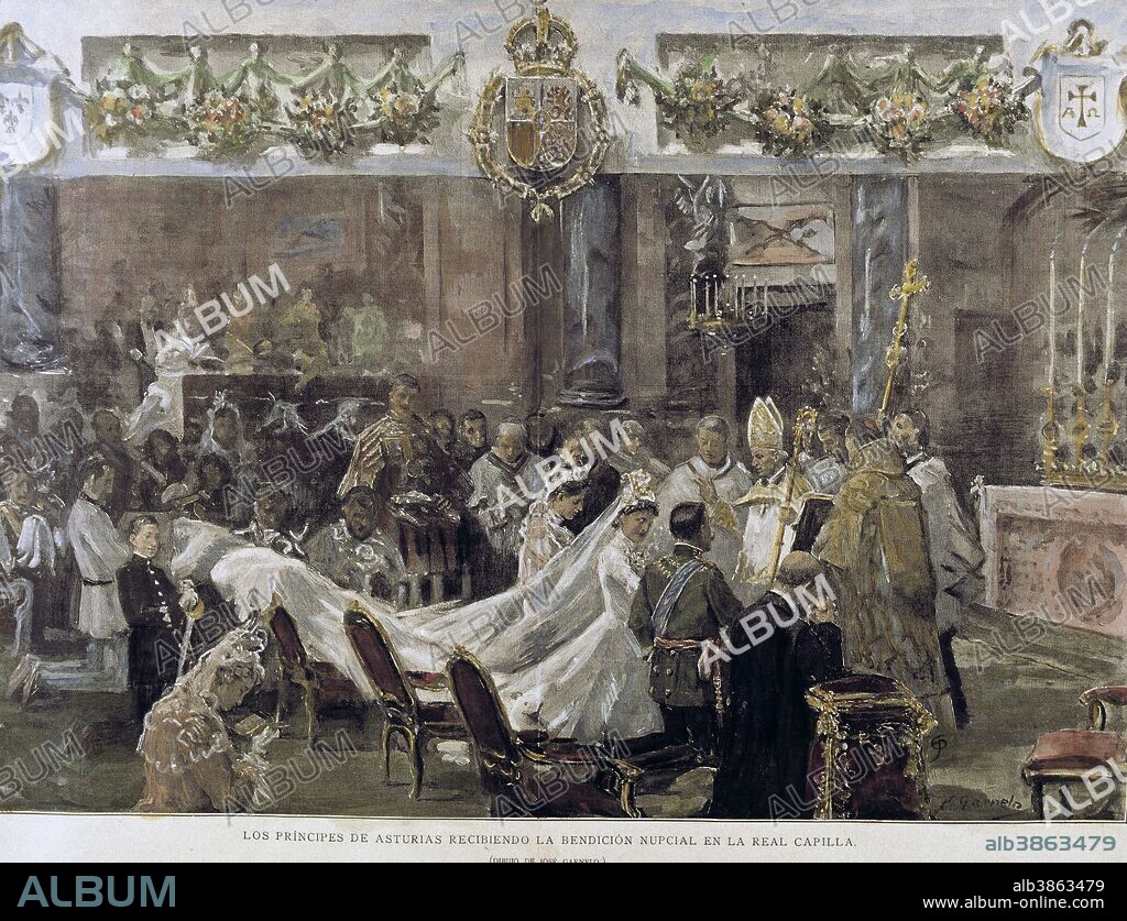 ALFONSO XIII. REY DE ESPAÑA . MADRID 1886 - 1941. BODA DEL PRINCIPE DE ASTURIAS EN EL PALACIO REAL CON ASISTENCIA DEL REY. GRABADO DE LA ILUSTRACION ESPAÑOLA Y AMERICANA.