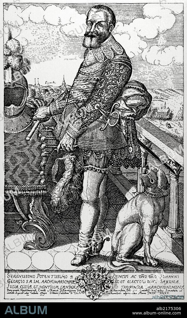 Juan Jorge I, elector de Sajonia (Dresde, 5 de marzo de 1585-8 de octubre de 1656). Elector de Sajonia y un miembro de la Casa de Wettin. Facsímile de un grabado de Samuel Weishun (1635). "Historia Universal", año 1885.