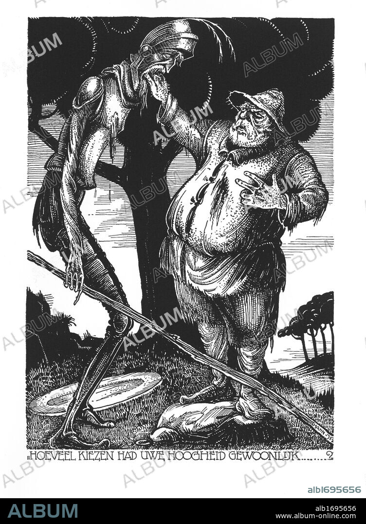 ALBERT HAHN JR.. Escena del libro Don Quichote, de Miguel de Cervantes Saavedra (Alcalá de Henares, 1547-Madrid, 1616). "Diálogo entre Don Quijote y su escudero, Sancho Panza…" Editado en Zutphen (Países Bajos), año 1930.