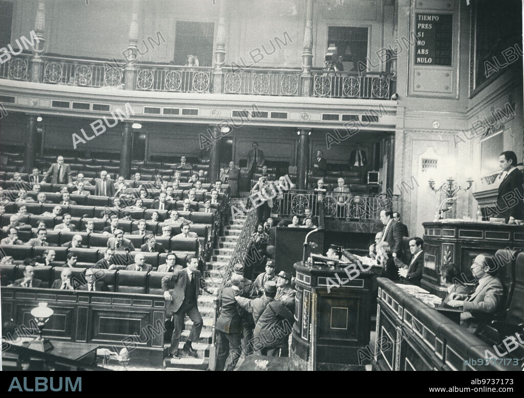 Madrid, 02/23/1981. Coup d'état of February 23. Lieutenant General D. Manuel Gutiérrez Mellado, First Vice President of the Government for Defense Affairs, stood up in his seat, next to that of Adolfo Suárez, and faced the assailants. This can be seen in this photo taken by ABC graphic editor Teodoro Naranjo, who, upon leaving Congress on the 23rd, had cameras and film taken from him, which he was able to recover the next day.