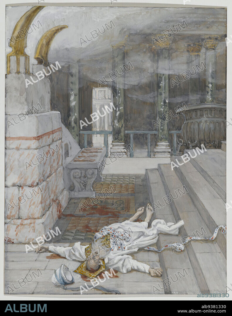 Zacharias Killed Between the Temple and the Altar, Zacharie tué entre le temple et l'autel, The Life of Our Lord Jesus Christ, La Vie de Notre-Seigneur Jésus-Christ, James Tissot, French, 1836-1902, Opaque watercolor over graphite on gray wove paper, France, 1886-1894, Image: 7 1/8 x 5 1/2 in., 18.1 x 14 cm, altar, blood, Brooklyn Museum exhibition, Christianity, death, Jerusalem, Life of Our Lord Jesus Christ, Mat 23:35, murder, part of a series, priest, robes, Temple, Tissot, watercolor.