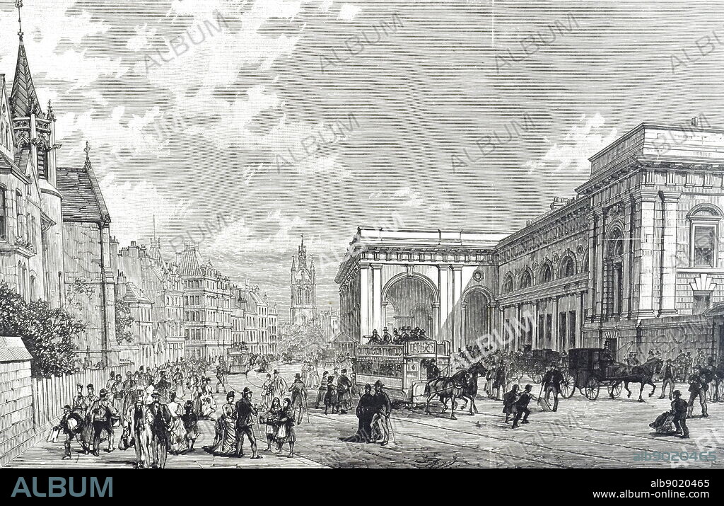 Engraving depicting a street scene in Newcastle upon Tyne during the 19th century. Horse-drawn trams can be seen outside of the Central Railway Station. Dated 19th century.