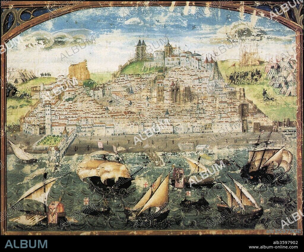 ANTóNIO DE HOLANDA. View of Lisbon. Miniature from Crónica de Dom Afonso Henriques by Duarte Galvão.