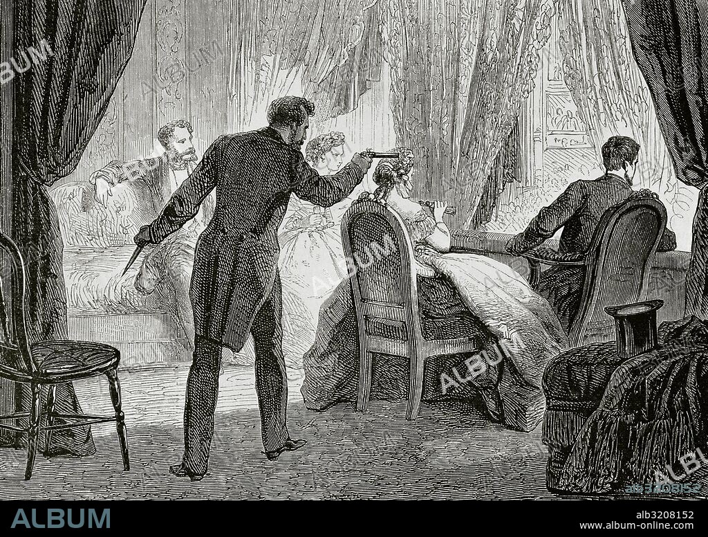 LINCOLN, Abraham (cerca de Hodgenville, 1809-Washington, 1865). Político estadounidense. Elegido presidente en 1860, su elección desencadenó la secesión de los estados del Sur, por ser partidario de la no expansión de la esclavitud. En el año 1864 fue asesinado. ASESINATO DE LINCOLN POR EL EXTREMISTA SUDISTA JOHN WILKES BOOTH, EL 14 DE ABRIL DE 1865. Grabado.