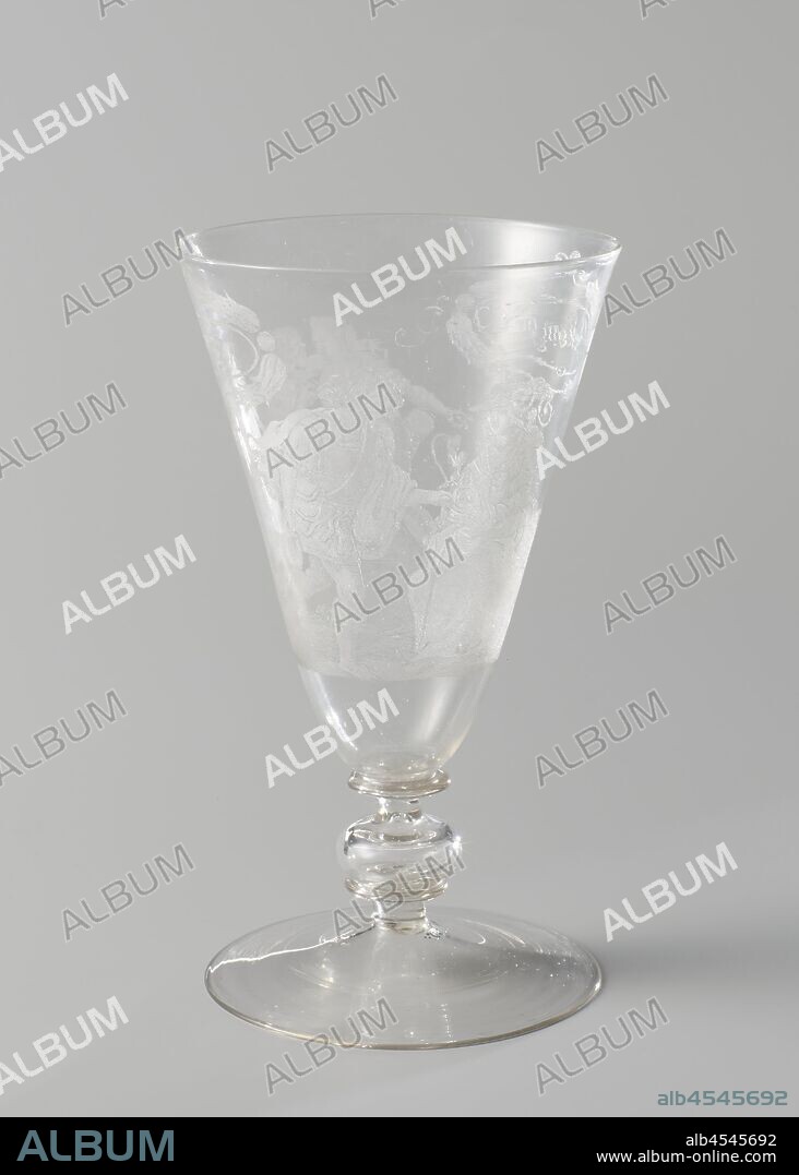 Wine glass Chalice with representations of the paid and the unselfish love, Flat foot with pontil brand. Low, hollow, baluster-shaped trunk with two discs. Funnel-shaped chalice rounded at the bottom. Two pairs are engraved on the chalice. One pair consists of a naked woman sitting on a tree stump and a satyr offering her a necklace. A fallen wine jug is lying at her feet. The second pair consists of a dressed woman and a warrior offering her a bouquet of flowers. There are two little lambs at her feet. A cartouche is engraved on both sides between the two pairs. One says 'Ick om gelt' and in the other 'Ick om gelt'. Above the pair with the dressed woman is the signature 'CFM', above the other pair the year 1652, amorousness, desire, satyr (s) (in general), lovers, courting, flirting, anonymous, 1652, glass, glassblowing, h 14.5 cm d 8.4 cm d 8.0 cm.