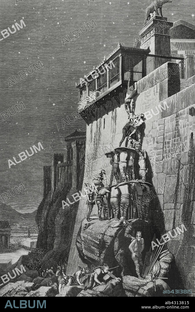 C. ROBERTS. 19TH-CENTURY WOOD ENGRAVER.. Antigua Roma, siglo IV a.C. Tras el saqueo de Roma por los galos, los supervivientes de la ciudad se refugiaron en el Capitolio, asentado en una de las colinas de la ciudad, y en donde se hallaba el templo de Juno. En su interior vivían los gansos sagrados, empleados para los sacrificios en honor a la diosa Juno. Una noche, los galos intentaron atacar a los romanos allí refugiados. Escalaron la colina aprovechando el silencio nocturno. Los guardianes romanos y los perros se habían dormido, si bien los asaltantes galos se encontraron con los gansos, los cuales se asustaron haciendo mucho alboroto, despertando a los romanos. Gracias a ello pudieron defenderse y repeler el ataque. Sin embargo, la resistencia ante el asedio de los galos se prolongó y los romanos decidieron pagar un rescate a los galos a cambio de que se marcharan de la ciudad. Asalto del Capitolio romano por los galos. Grabado por C. Roberts a partir de un cuadro de Henri-Paul Motte (1846-1922). La Ilustración Española y Americana, 29 de febrero de 1884.