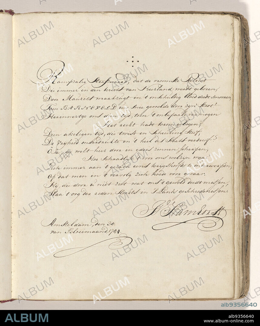 Poem on the sword with which Johan van Oldenbarnevelt is said to have been beheaded in 1619, Verse by Jacobus Stamhorst. Part of the book of poems from the years 1743-1745 on the sword with which Johan van Oldenbarnevelt would have been beheaded in 1619. The sword was owned by Frans Greenwood., Jacobus Stamhorst (signed by artist), Netherlands, 30-May-1744, paper, ink, writing (processes), height 275 mm × width 220 mm.