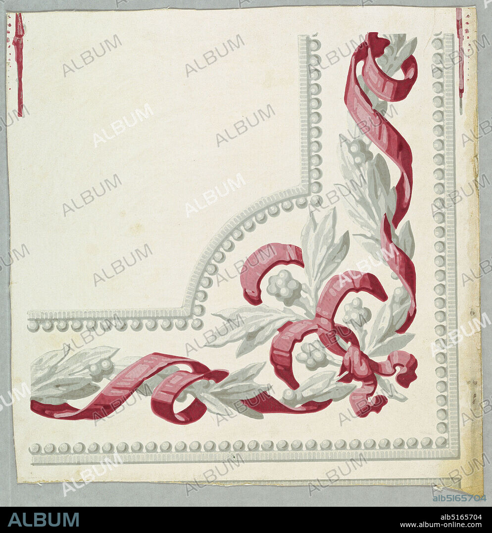 Border corner, Block-printed, Border corner used for occasions when borders serve to outline panels or dados. Oak leaves and ribbon with bead molding. Printed in gray and pink on white ground., England, 183045, Wallcoverings, Border corner.