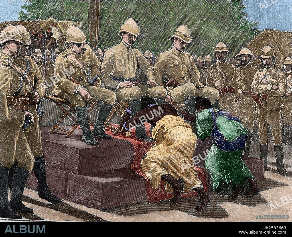 Act of submission of Ashanti king Prempeh and his mother embracing the legs of British representatives, Governor Maxwell, Colonel Kempster and Sir Francis Scott, as a sign of humiliation. Engraving, 1901. Colored.