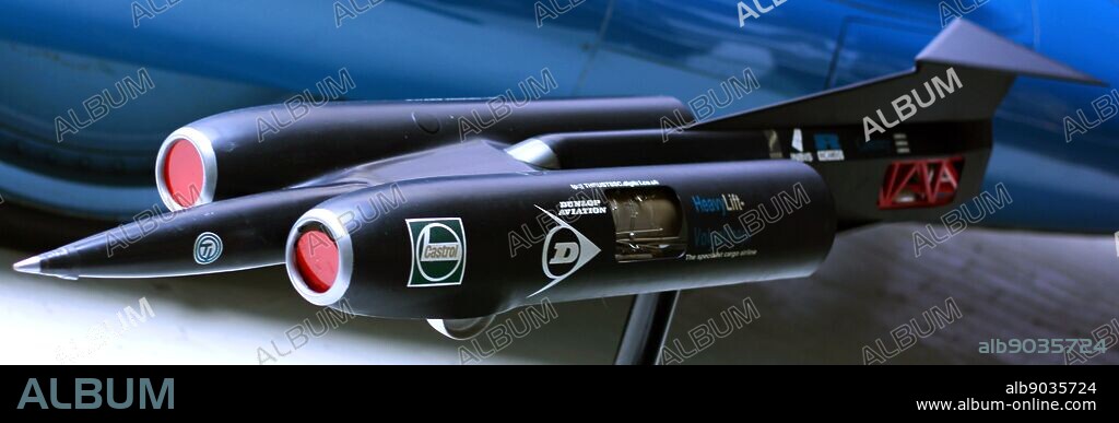 Model of the Thrust SSC, Supersonic Car 1997. Thrust SSC holds the World Land Speed Record and was the first car to officially break the sound barrier.