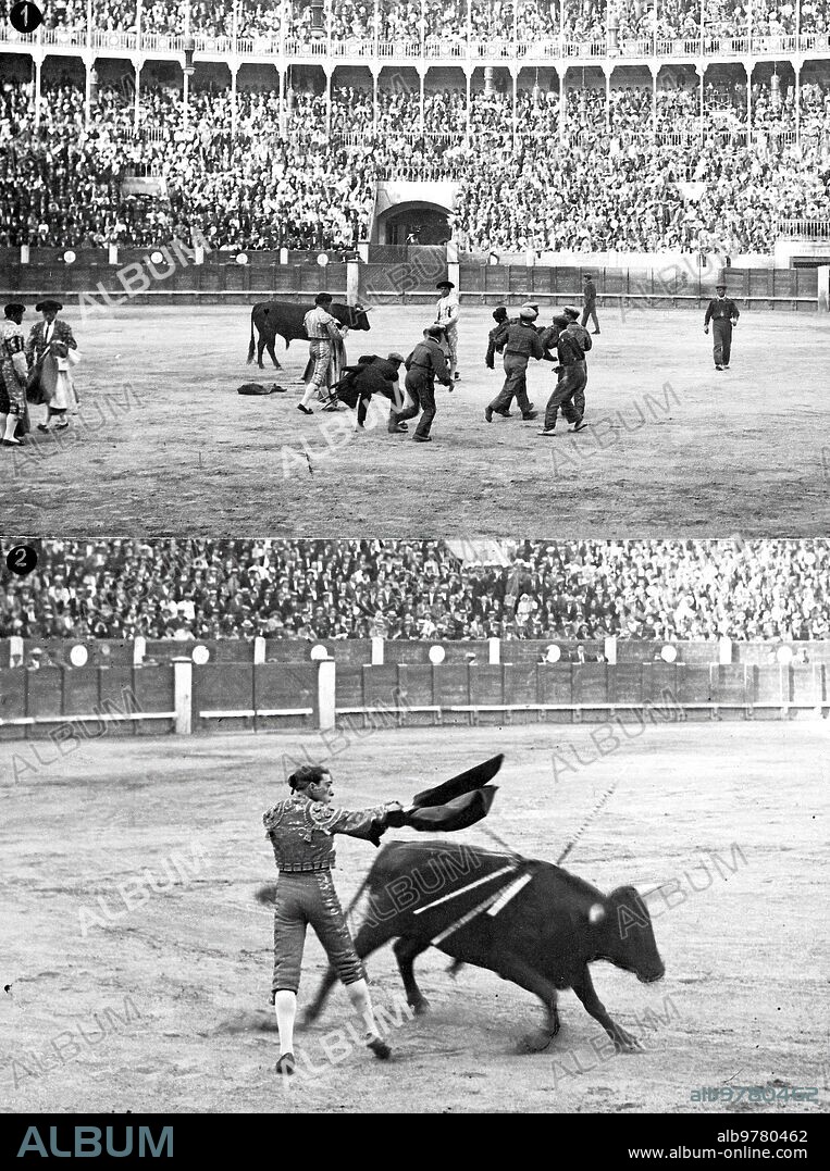 August 30, 1920. Madrid. In the bullfighting arena. 1.- Catching the matador Miguel Gallardo in his first Bull. 2.- Mariano Montes in a muleta pass given in his first Bull.